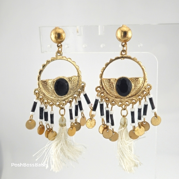 Boho Chic Gold and Black Beaded Statement Earrings – 3.25" Length - Picture 1 of 8